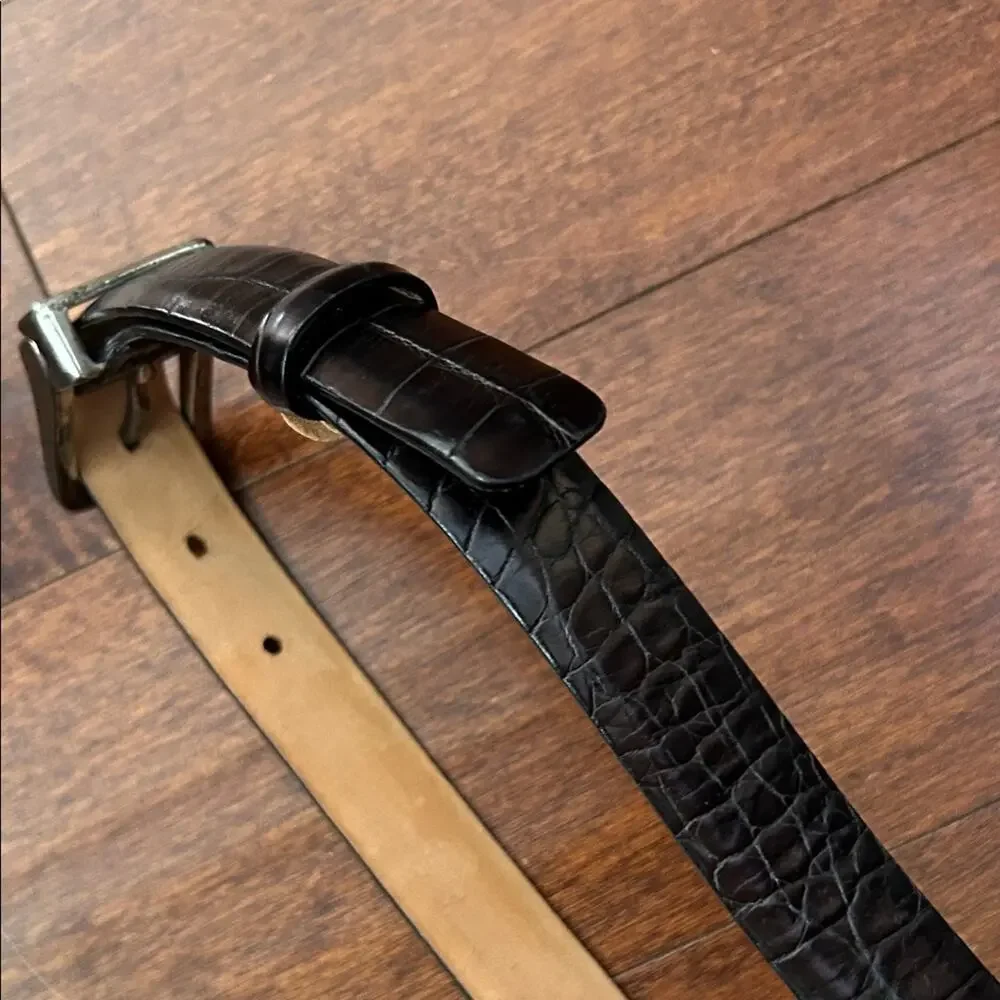 Vintage Harold Powell Embossed Espresso Leather Belt with Metal Buckle, Size L